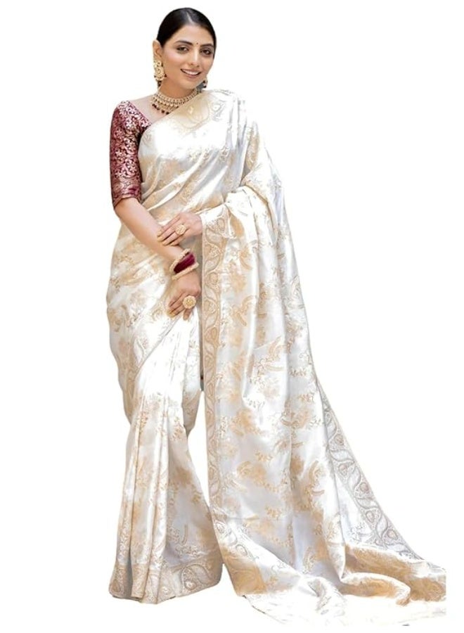 Yashika Women’s Woven Banarasi Art Silk Floral Saree with Decorative Border and Pallu, Traditional Ethnic Wear|White - Image 1
