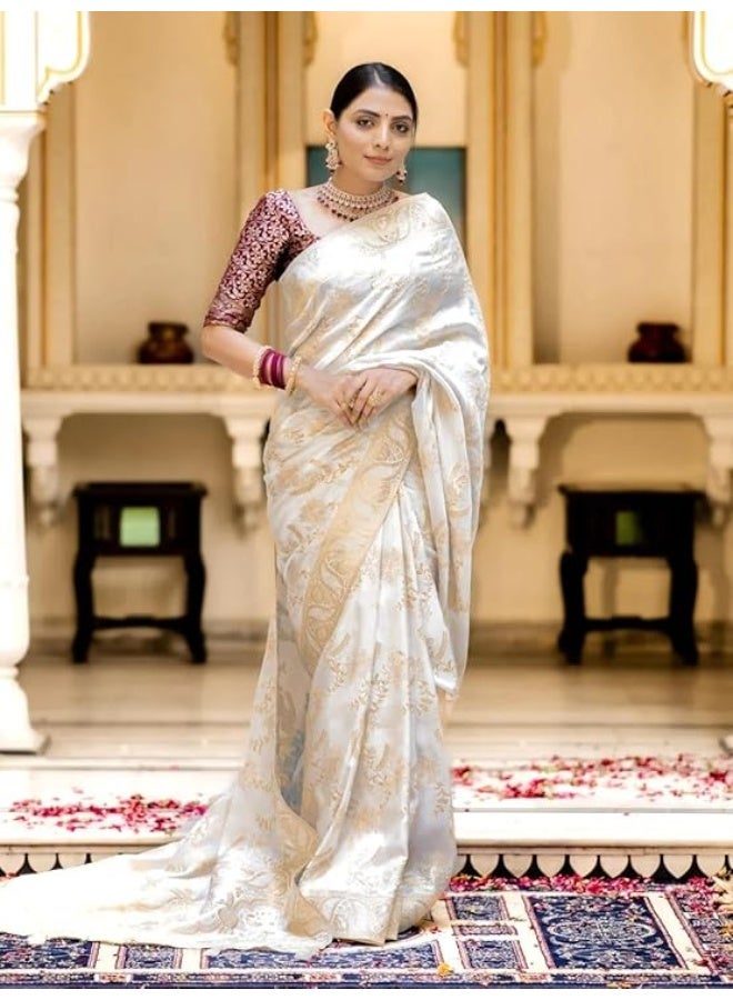 Yashika Women’s Woven Banarasi Art Silk Floral Saree with Decorative Border and Pallu, Traditional Ethnic Wear|White - Image 3