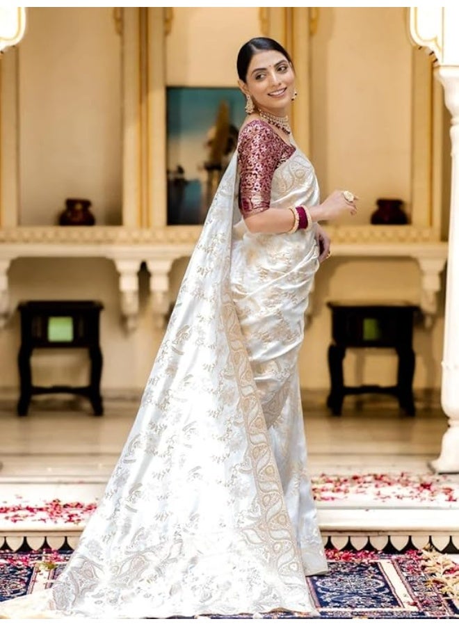 Yashika Women’s Woven Banarasi Art Silk Floral Saree with Decorative Border and Pallu, Traditional Ethnic Wear|White - Image 2
