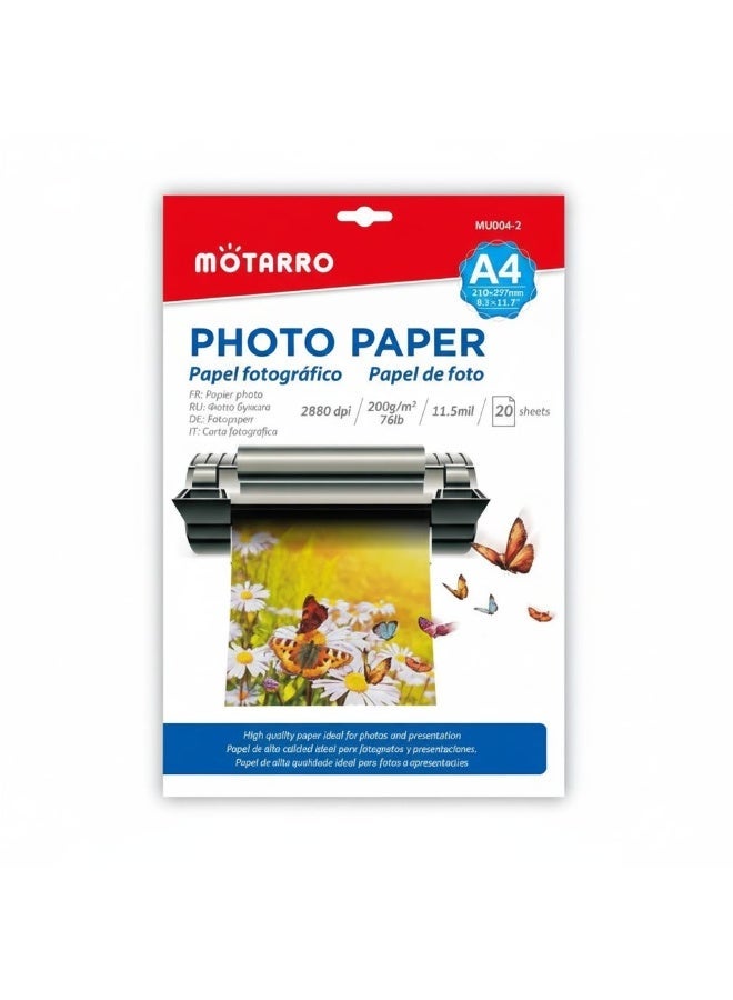 موتارو Motarro A4 Glossy Photo Paper 20 Sheets 200gsm 11 5mil 200 GSM