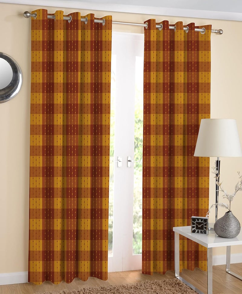 AIRWILL Cotton Checkered Pattern Door 4x7ft Curtains Pack of 2 pcs Maroon Yellow - Image 1