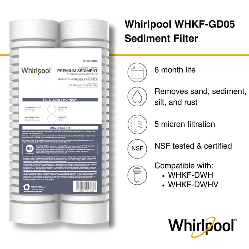 Whirlpool 10" x 2.5" Whole Home Standard Capacity Sediment Filters WHKF-GD05, 5 Micron, 6-Month Filter Life, Reduces Sediment, Sand, Soil, Silt & Rust, for standard filter housings, 2-Pack - Image 2