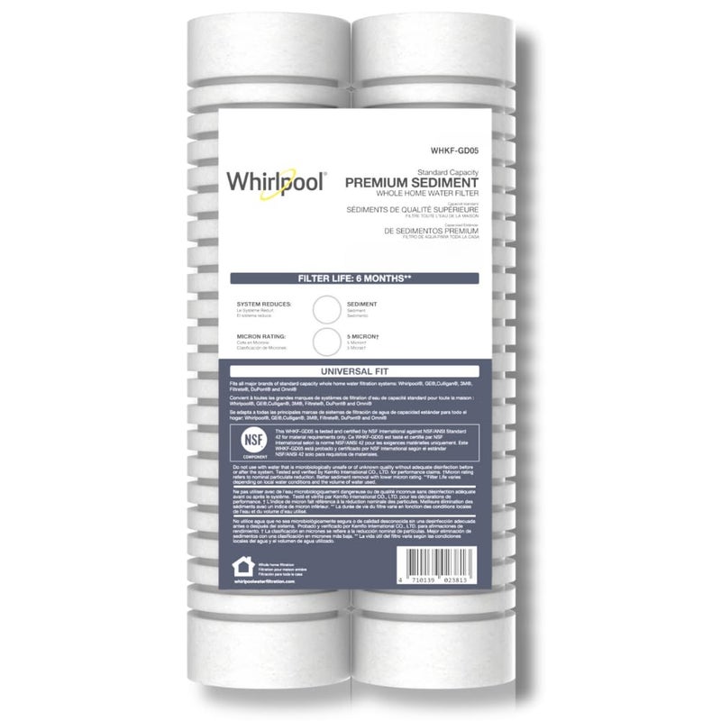 Whirlpool 10" x 2.5" Whole Home Standard Capacity Sediment Filters WHKF-GD05, 5 Micron, 6-Month Filter Life, Reduces Sediment, Sand, Soil, Silt & Rust, for standard filter housings, 2-Pack - Image 1