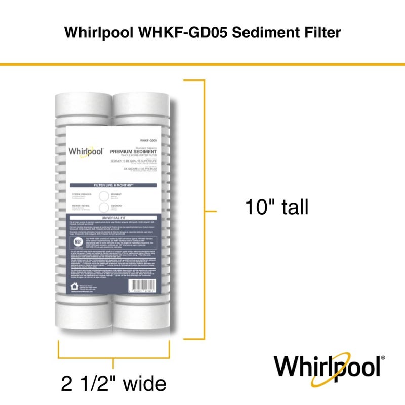 Whirlpool 10" x 2.5" Whole Home Standard Capacity Sediment Filters WHKF-GD05, 5 Micron, 6-Month Filter Life, Reduces Sediment, Sand, Soil, Silt & Rust, for standard filter housings, 2-Pack - Image 5