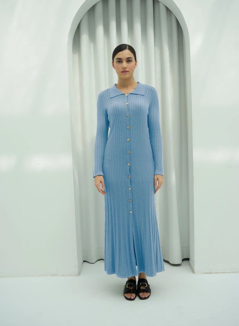 2331 | Chic Button-Front Ribbed Knit Maxi Dress with Classic Collar and Long Sleeves - Timeless and Versatile | Aqua Blue