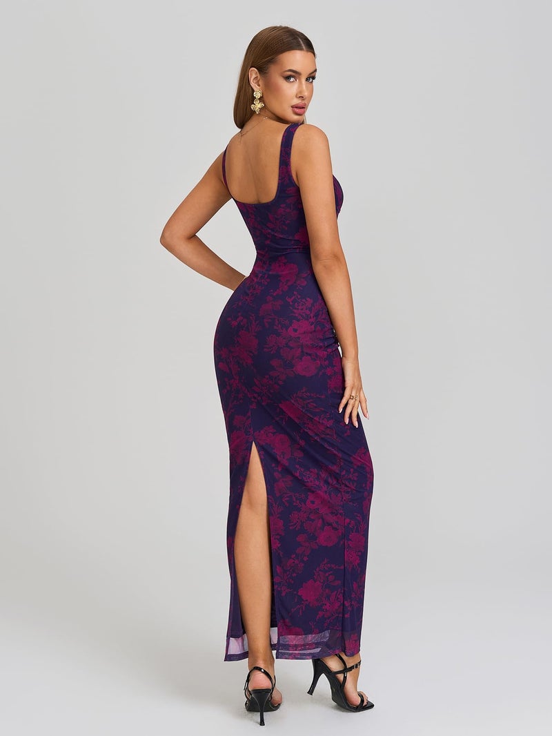 HTZMO Women Summer Floral Bodycon Maxi Dress V Neck Halter Sleeveless Casual Wedding Guest Party Elegant Long Dresses Purple Floral M - Image 2