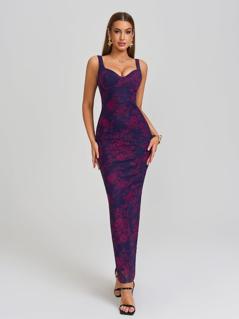 HTZMO Women Summer Floral Bodycon Maxi Dress V Neck Halter Sleeveless Casual Wedding Guest Party Elegant Long Dresses Purple Floral M - Image 4