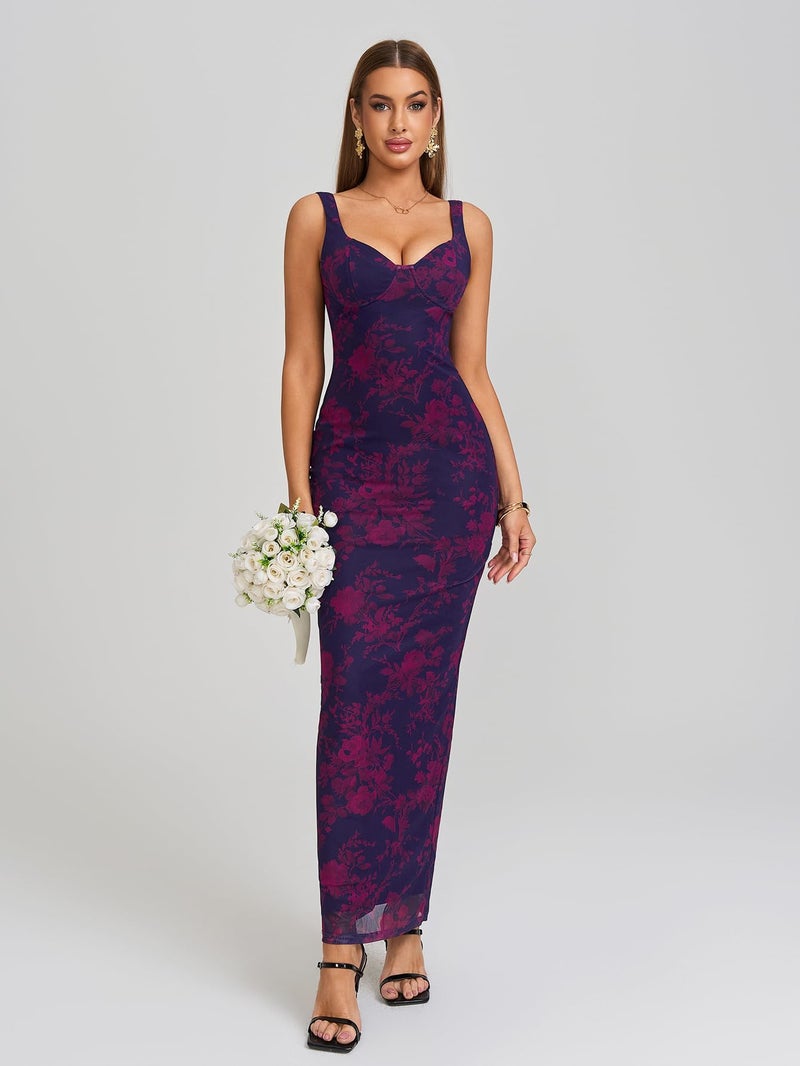 HTZMO Women Summer Floral Bodycon Maxi Dress V Neck Halter Sleeveless Casual Wedding Guest Party Elegant Long Dresses Purple Floral M - Image 3