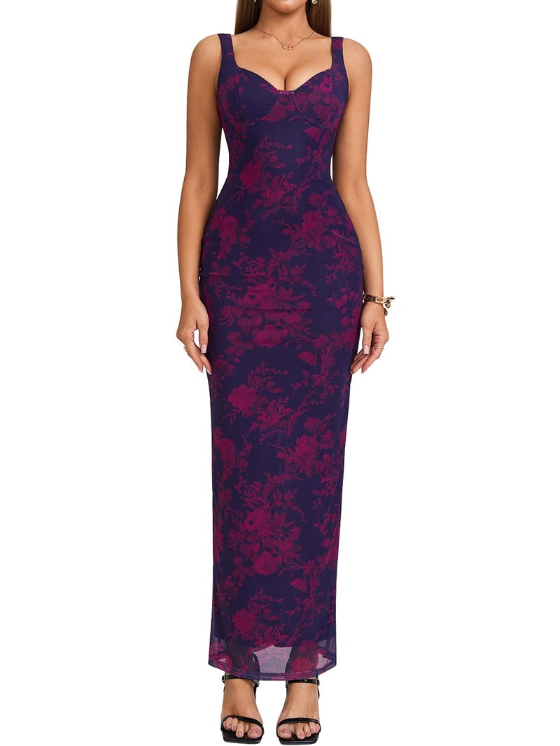 HTZMO Women Summer Floral Bodycon Maxi Dress V Neck Halter Sleeveless Casual Wedding Guest Party Elegant Long Dresses Purple Floral M - Image 1