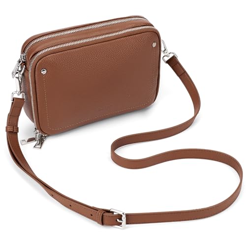 befen Genuine Leather Crossbody Bags for Women, Purses with Built in RFID Wallet Woman Camera Shoulder Bag Handbags Anti Theft Cross Over body Purses with Adjustable Strap, Cognac Brown - Image 1