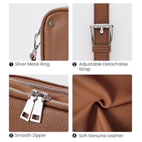 befen Genuine Leather Crossbody Bags for Women, Purses with Built in RFID Wallet Woman Camera Shoulder Bag Handbags Anti Theft Cross Over body Purses with Adjustable Strap, Cognac Brown - Image 5