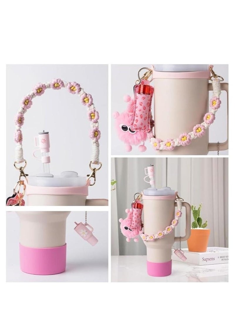 Stanley Cup Accessory Kit for Stanley Quencher, 40oz 30oz Tumbler with Handle Strap Silicone Cup Sleeve, Key Chain Charms Handle Charms Straw Topper Accessories, Cute Reusable Stanley Cup Straw Cover Lid Protector Gift Set (Pink) - Image 2