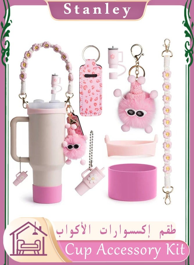 Stanley Cup Accessory Kit for Stanley Quencher, 40oz 30oz Tumbler with Handle Strap Silicone Cup Sleeve, Key Chain Charms Handle Charms Straw Topper Accessories, Cute Reusable Stanley Cup Straw Cover Lid Protector Gift Set (Pink) - Image 1