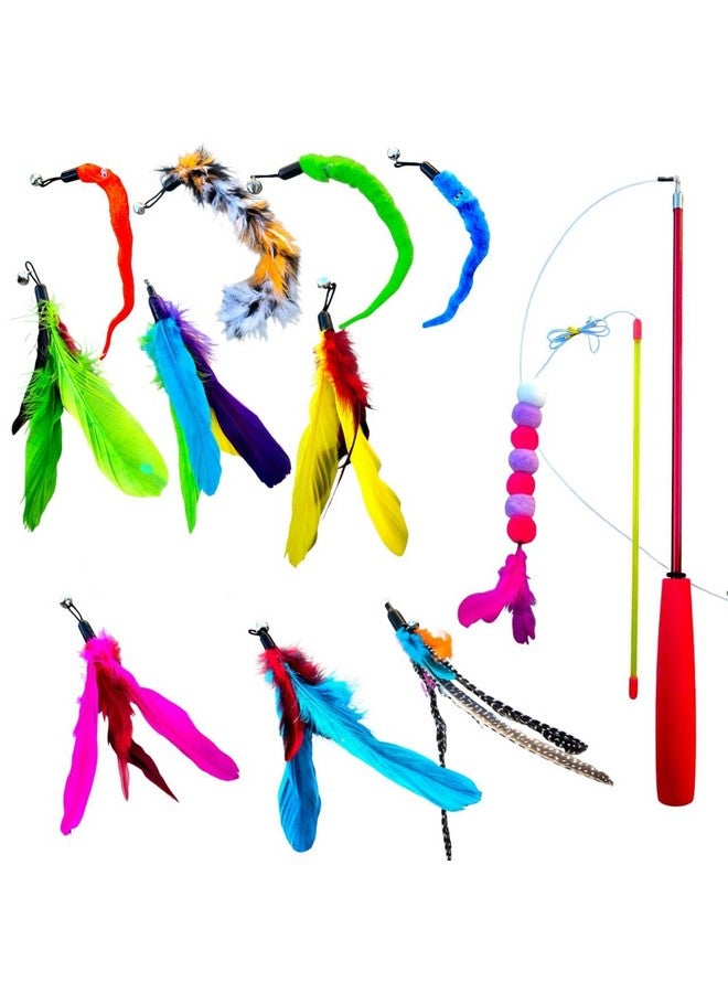 ألعاب قطط تفاعلية ملونة من Cute Meows Pet Supplies، لعبة عصا مخصصة لامعة، 12 قطعة من ريش القطط مع 10 رؤوس بديلة، وقضيب تلسكوبي واحد وعصا استفزاز واحدة للعب والتمرين - Image 1