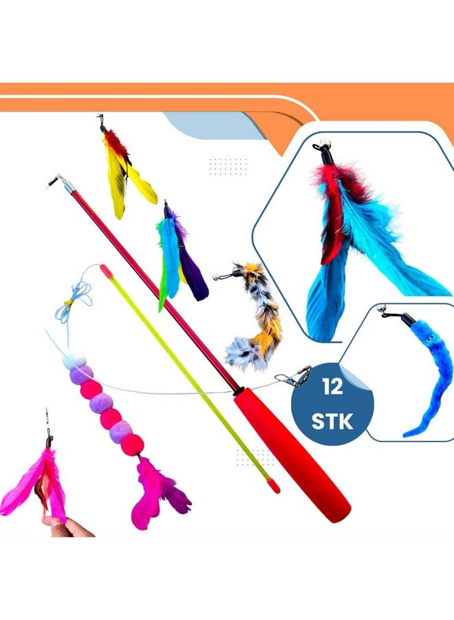 ألعاب قطط تفاعلية ملونة من Cute Meows Pet Supplies، لعبة عصا مخصصة لامعة، 12 قطعة من ريش القطط مع 10 رؤوس بديلة، وقضيب تلسكوبي واحد وعصا استفزاز واحدة للعب والتمرين - Image 2