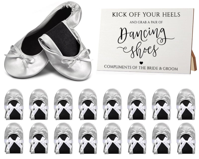 Jecery 24 Pairs Bridal Shower Supplies Wedding Foldable Ballet Flat Set Ballerina Shoes Party Sign Portable Roll up Travel Slippers Wedding Dancing Shoes for Guest Bridesmaid ClassicSilver