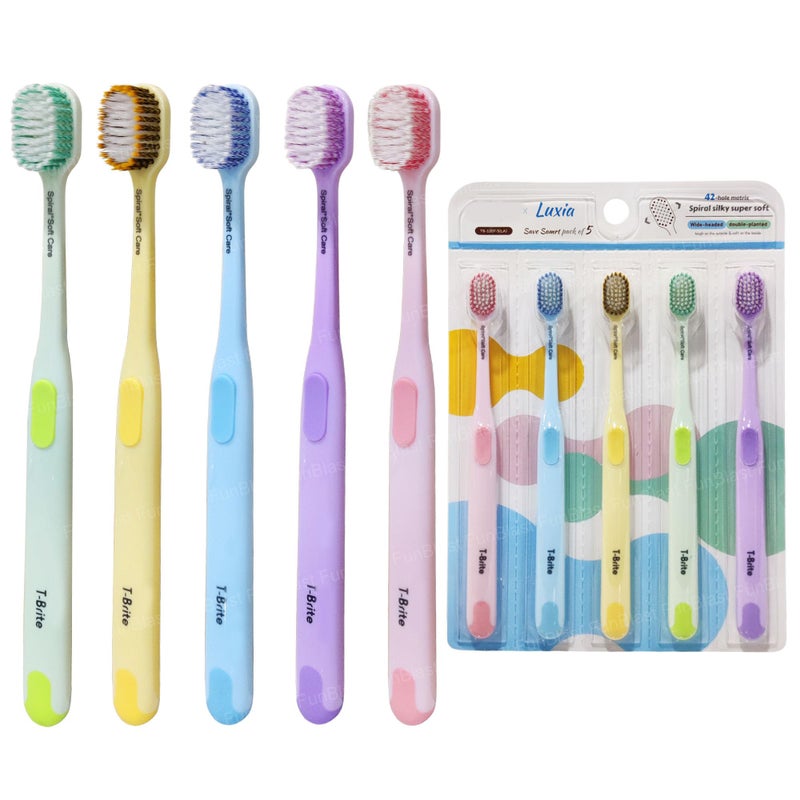FunBlast Tooth Brush Set - Pack of 5 Pcs Toothbrush for Kids & Adults, Spiral Silky Super Soft Bristles for Sensitive Teeth, Toothbrush Soft Bristles Manual Tooth Brush for Adults (Multicolour) - Image 1