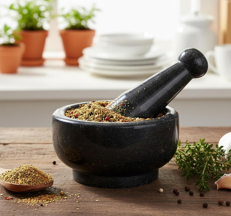 KLEO 5" Diameter Natural Stone Mortar and Pestle Set as Spice Grinder, Medicine Masher - Okhli & Musal (Black) - Image 1