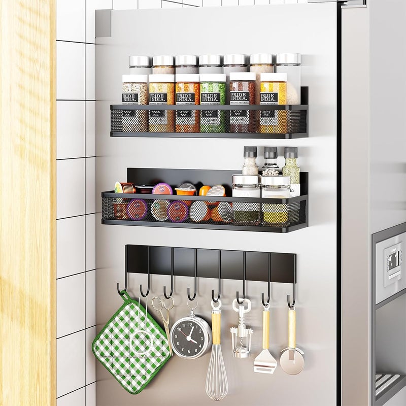 Aufworld Magnetic Spice Rack for Refrigerator, 3 Pack Magnetic Shelf, Moveable Fridge Organizer with 8-Hook Rack, Seasoning Organizer for Kitchen - Image 1