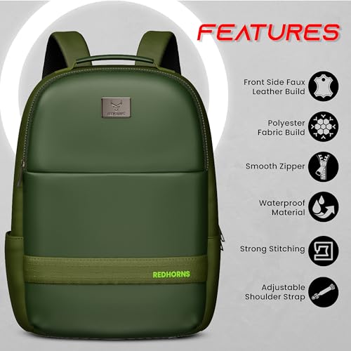 REDHORNS Faux Leather 15.6-Inch Laptop Backpack for Men and Women with Rain Cover, Anti-Theft Travel Water Resistant Laptop Bag for Office, College, School (Olive Green) - Image 2