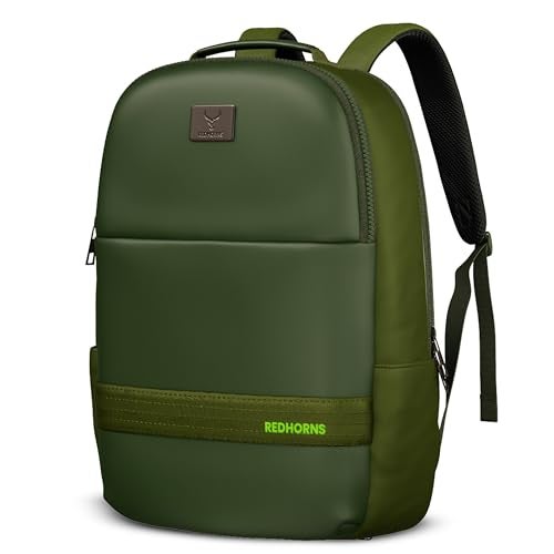 REDHORNS Faux Leather 15.6-Inch Laptop Backpack for Men and Women with Rain Cover, Anti-Theft Travel Water Resistant Laptop Bag for Office, College, School (Olive Green) - Image 1
