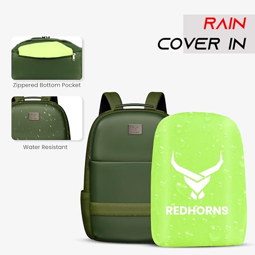 REDHORNS Faux Leather 15.6-Inch Laptop Backpack for Men and Women with Rain Cover, Anti-Theft Travel Water Resistant Laptop Bag for Office, College, School (Olive Green) - Image 4