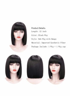 Excefore Short Bob Hair Wigs,Black Wigs with Bangs 12" Straight with Flat Bangs Synthetic Colorful Cosplay Daily Party Wig for Women Natural As Real Hair (Black)  - Image 3