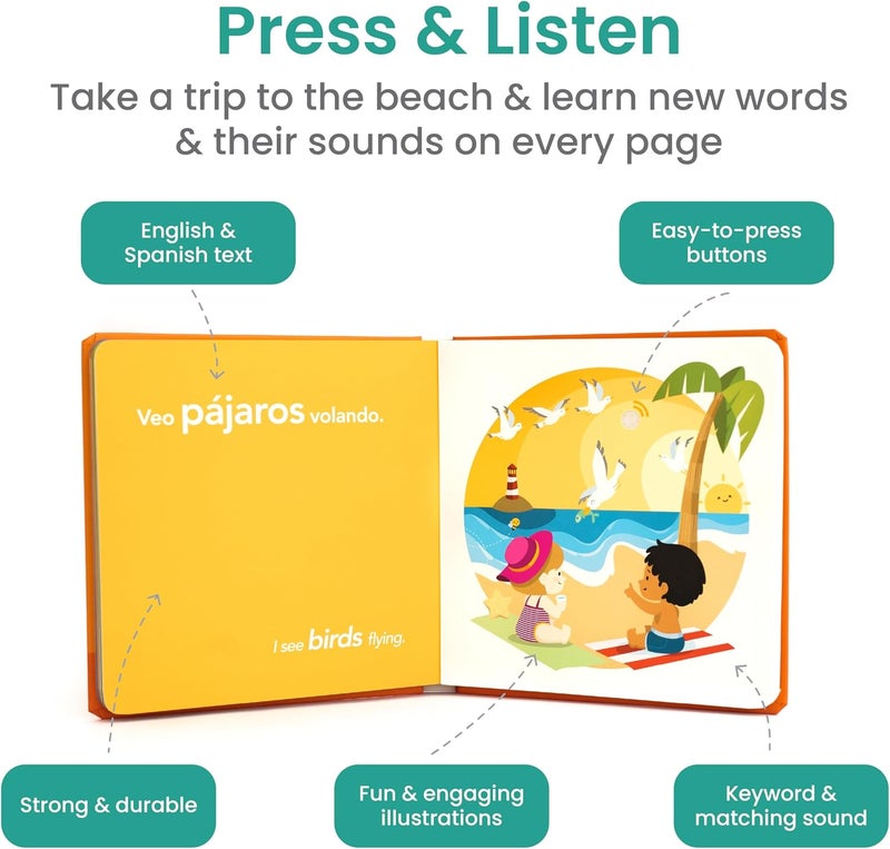 Binibi Store Spanish Books for Babies & Toddlers 1-3 The Beach Interactive Bilingual Sound Book with Fun Beach Sounds | Bilingual Children's Book | Spanish Learning for Kids - Image 2