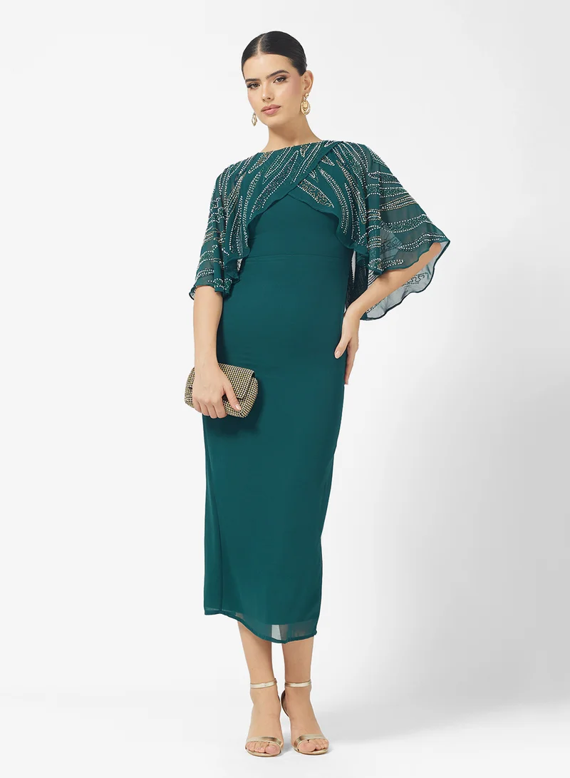 اميليا روز Flared Sleeve Embellished Maxi Dress