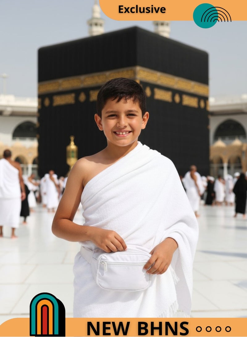 احرام اطفال احرامات اطفال ولادي فاخر وناعم للحج والعمرة مع هدية شنطة خصر وسط بيضاء للجوال والمحفظة قابلة للتعديل طقم إحرام كامل تنورة للاولاد وزرة احرام متوسط الكثافة ليس احرام ثقيل مزعج و ليس احرام خفيف احرامات ولادي