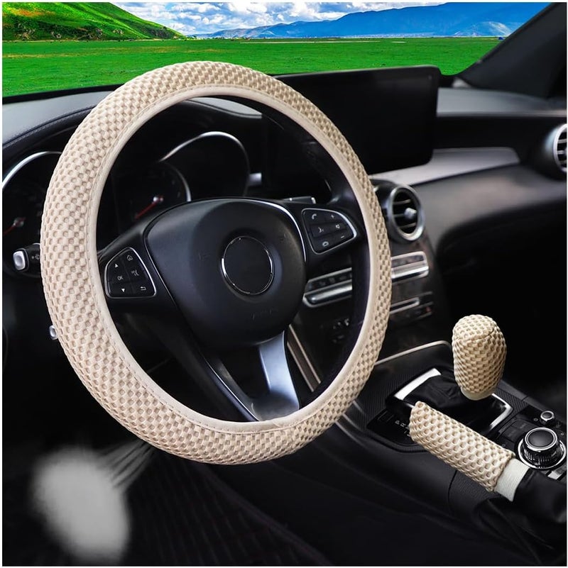 Bittwee 3PCS 15Inch Car Steering Wheel Cover Armrest Cover Gear Shift Cover Set, Microfiber Breathable Anti-Slip Automotive Steering Wheel Protector, Vehicle Interior Decor, Universal Fit（Beige） - Image 1