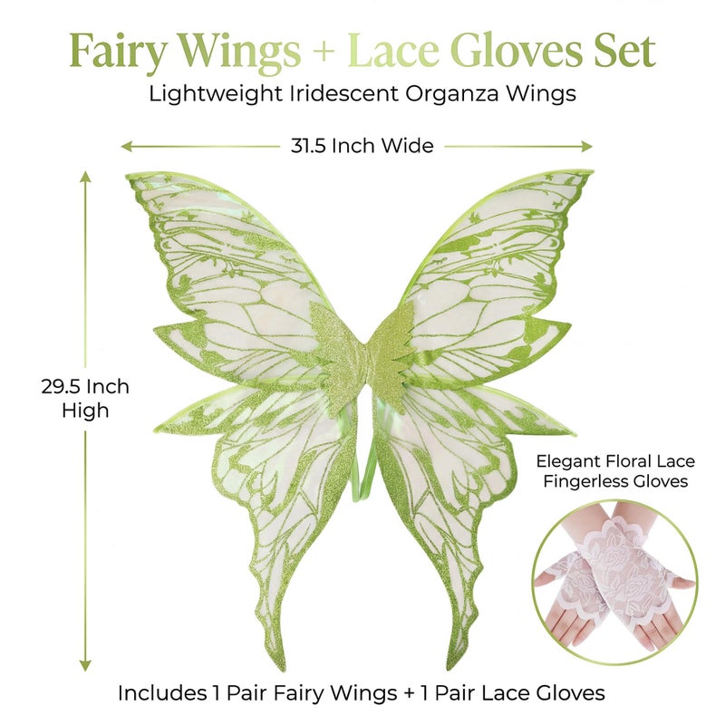 YKW Fairy Wings for Adult Women,31.5x29.5 Inch Butterfly Cosplay Wings with Lace Gloves,Organza Costume Wings for Halloween Party (Green) - Image 2