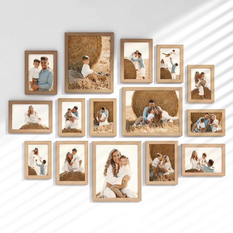 Venusmiles 15 Pack Picture Frames Collage Wall Decor, Gallery Frame Set for Wall Mounting or Tabletop Display, Multi Sizes Including 3pcs 8x10, 6pcs 5x7, 6pcs 4x6, Oak - Image 1