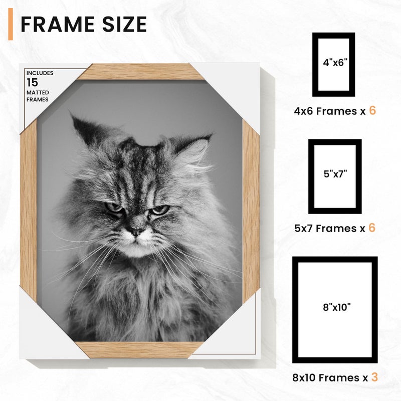 Venusmiles 15 Pack Picture Frames Collage Wall Decor, Gallery Frame Set for Wall Mounting or Tabletop Display, Multi Sizes Including 3pcs 8x10, 6pcs 5x7, 6pcs 4x6, Oak - Image 3