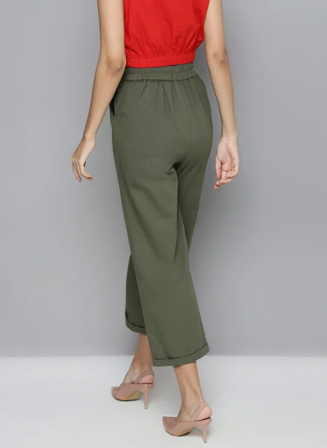 SASSAFRAS  Olive Green Cotton Straight Trousers for Women  | Best Price UAE