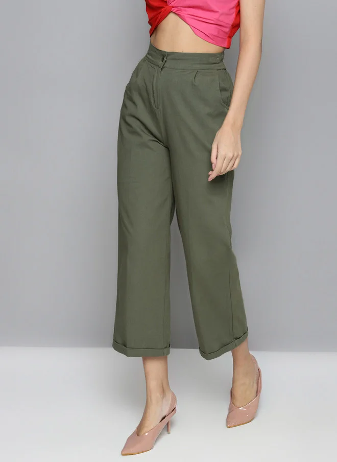 SASSAFRAS  Olive Green Cotton Straight Trousers for Women  | Best Price UAE