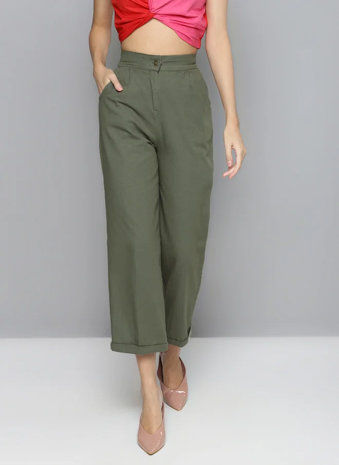 Olive Green Cotton Straight Trousers for Women
