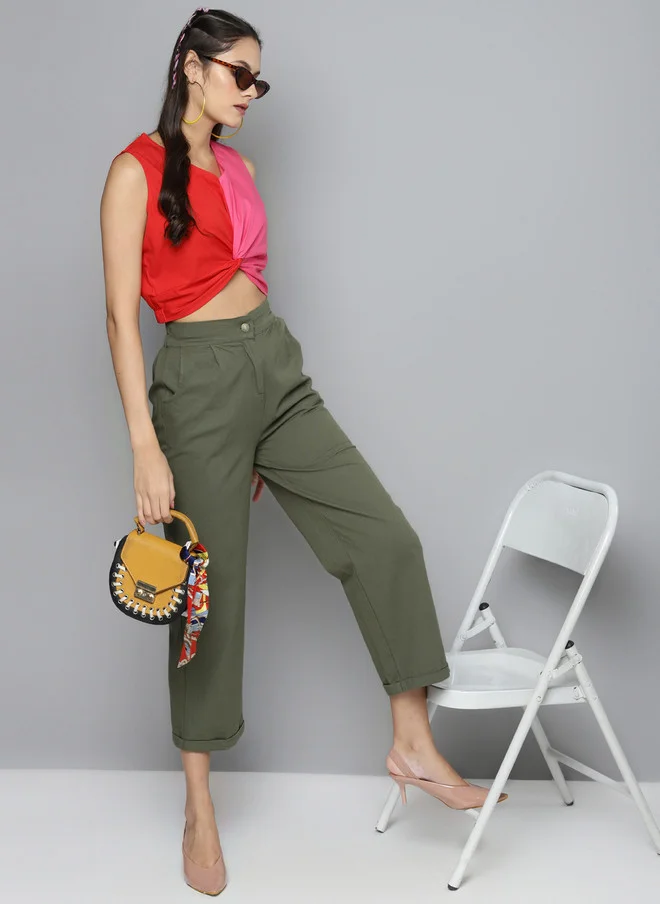 SASSAFRAS  Olive Green Cotton Straight Trousers for Women  | Best Price UAE