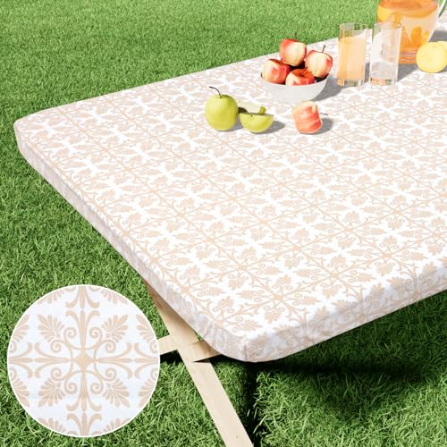 misaya Rectangle Vinyl Table Cloth Elastic Fitted Flannel Backed Tablecloth 100 Waterproof Plastic Table Cover Fits 6 Foot Folding Tables for Picnic Camping Outdoor Khaki 30 x 72