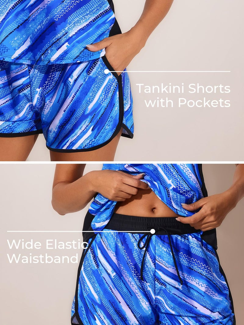 Summer Mae Blouson Tankini Swimsuits for Women 2026 Tummy Control Two Piece Bathing Suits with Sporty Pockets Swim Shorts Blue Ocean Ripples Size 14 - Image 3