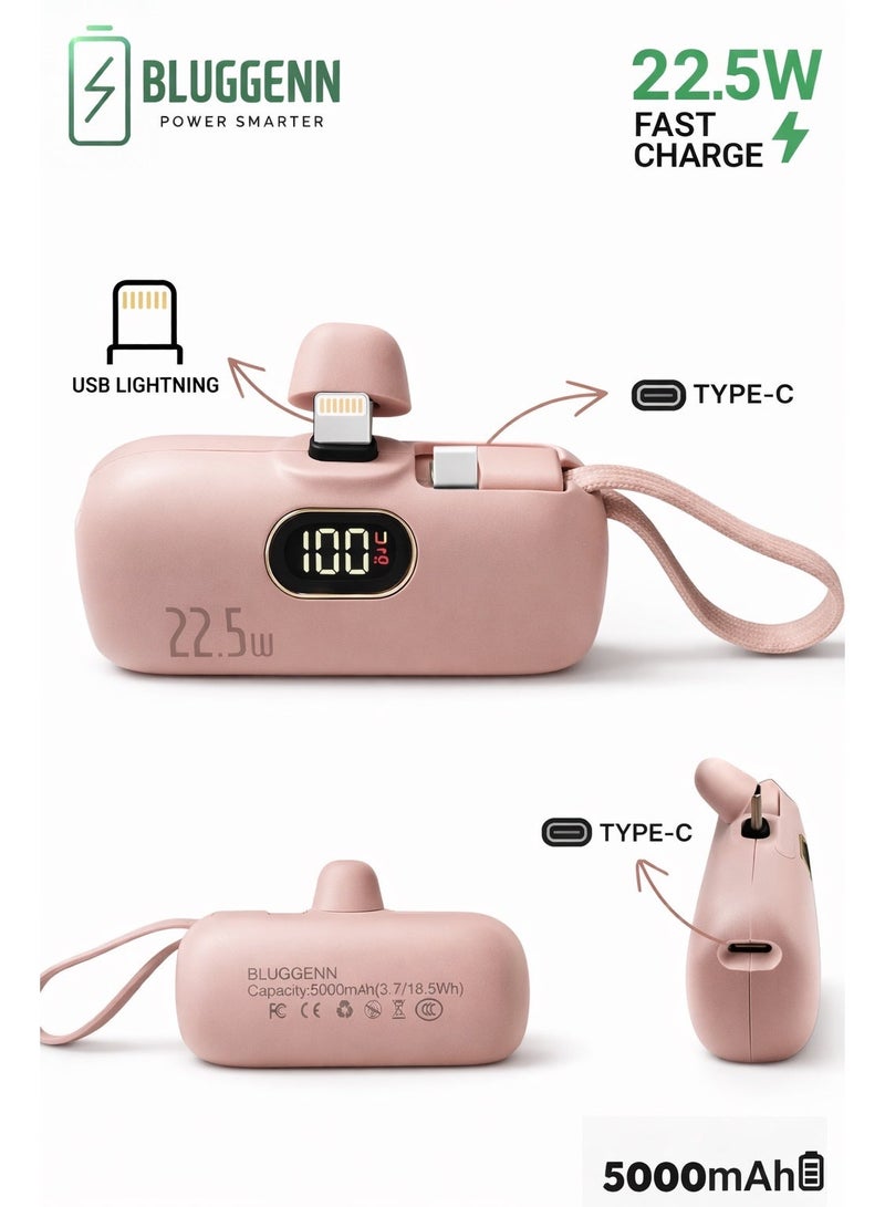 BLUGGENN NANO Bluggenn 5000mAh power bank is your smart companion everywhere you go! Its sleek and compact modern design hides powerful performance, featuring three fast‑charging outputs: a main top Lightning port for iPhone, a side Type‑C power delivery port, and a built‑in foldable Type‑C cable designed as a stylish hand strap—allowing you to charge up to three devices at the same time without carrying extra cables. A digital display shows the battery percentage with precision, while the 5000mAh capacity gives you enough power to recharge your device more than once when you’re out and about. Best of all, it supports fast charging for a wide range of devices including iPhone 16/15, Samsung, Huawei, iPad, AirPods, Xiaomi, Vivo, Oppo, and more… so no matter what phone or device you or your friends use, this power bank is always ready to back you up and share energy effortlessly, without any worries.