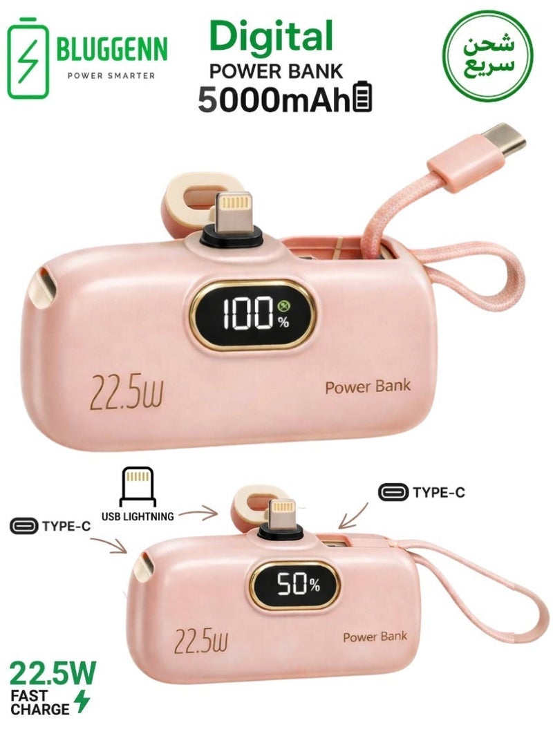 بلجن NANO Bluggenn 5000mAh power bank is your smart everywhere you go! Its sleek and compact modern design hides powerful performance, featuring three fast‑charging outputs: a main top Lightning port for iPhone, a side Type‑C power delivery port, and a built‑in foldable Type‑C cable designed as a stylish hand strap—allowing you to charge up to three devices at the same time without carrying extra cables. A digital display shows the battery percentage with precision, while the 5000mAh capacity gives you enough power to recharge your device more than once when you’re out and about. Best of all, - Image 1