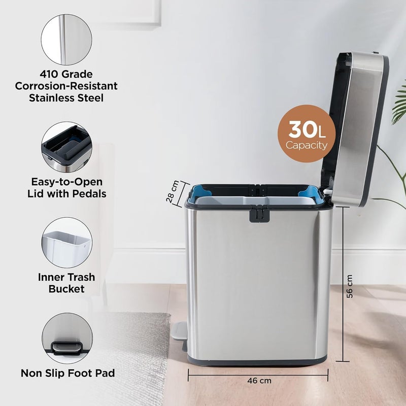 Kuber Industries Kuber Industries 30L Stainless Steel StepOn Pedal Dustbin with Inner Bucket Soft Close Trash Can Garbage Waste Bin with Lid for Home Kitchen Office Bathroom Washroom  - Image 3