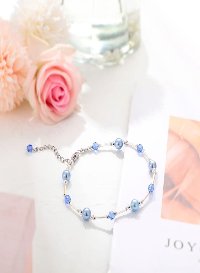 Sureio Blue Bride Gift Anklet Blue Anklet for Bride On Wedding Gift Silver Crystal Pearl and Crystal Bridal Shower Gifts for Bridesmaid Bead Chain - Image 3