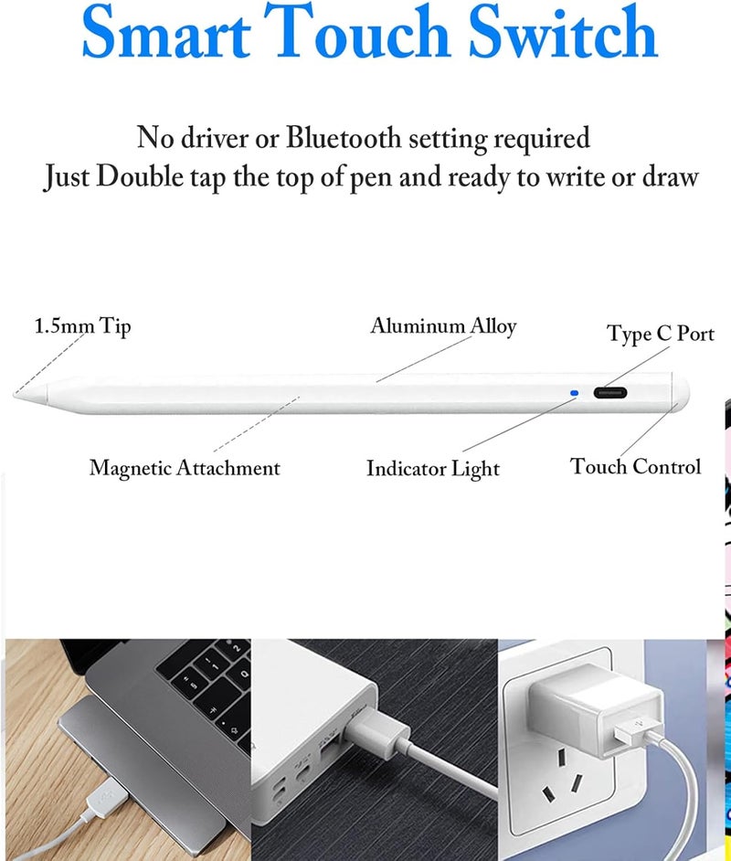 Luntak Active Stylus Pens for Touch Screens with Magnetic Design, Luntak Rechargeable Universal iPad Pencil, Fine Point Stylus Pen for iPad Pro/Air/Mini/iPhone/iOS/Android/Tablets Writing & Drawing-White - Image 2