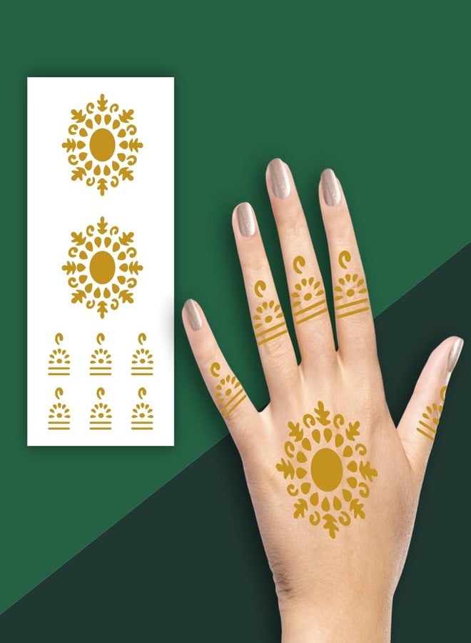 تصميم حناء عصري دائري مزين بالزهور باللون الذهبي من فانفاتي، مناسب لراحة اليد والأصابع، ملصق حناء بسيط للفتيات والسيدات - Image 1