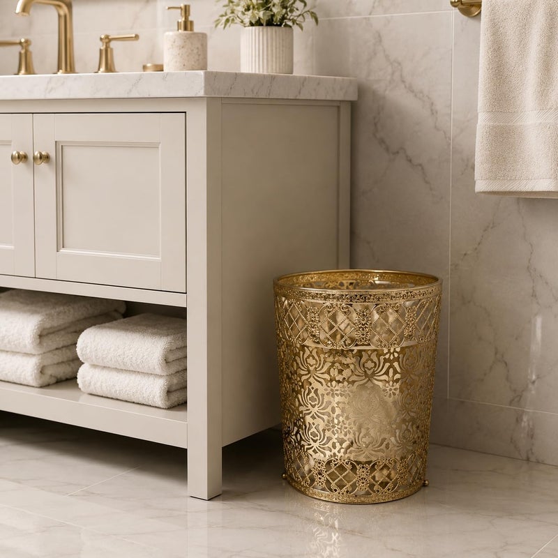 Gold Metal Wastebasket, Moroccan Style Open-Top Iron Trash Can with Floral Cutout Design for Bathroom, Bedroom, Living Room (C1096) - Image 4