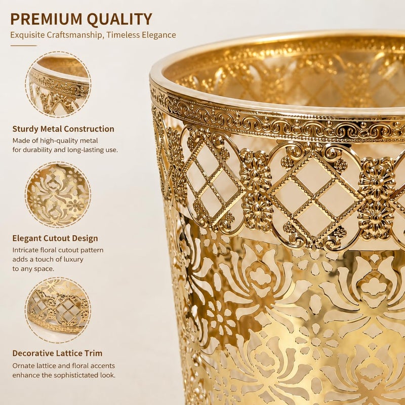Gold Metal Wastebasket, Moroccan Style Open-Top Iron Trash Can with Floral Cutout Design for Bathroom, Bedroom, Living Room (C1096) - Image 3