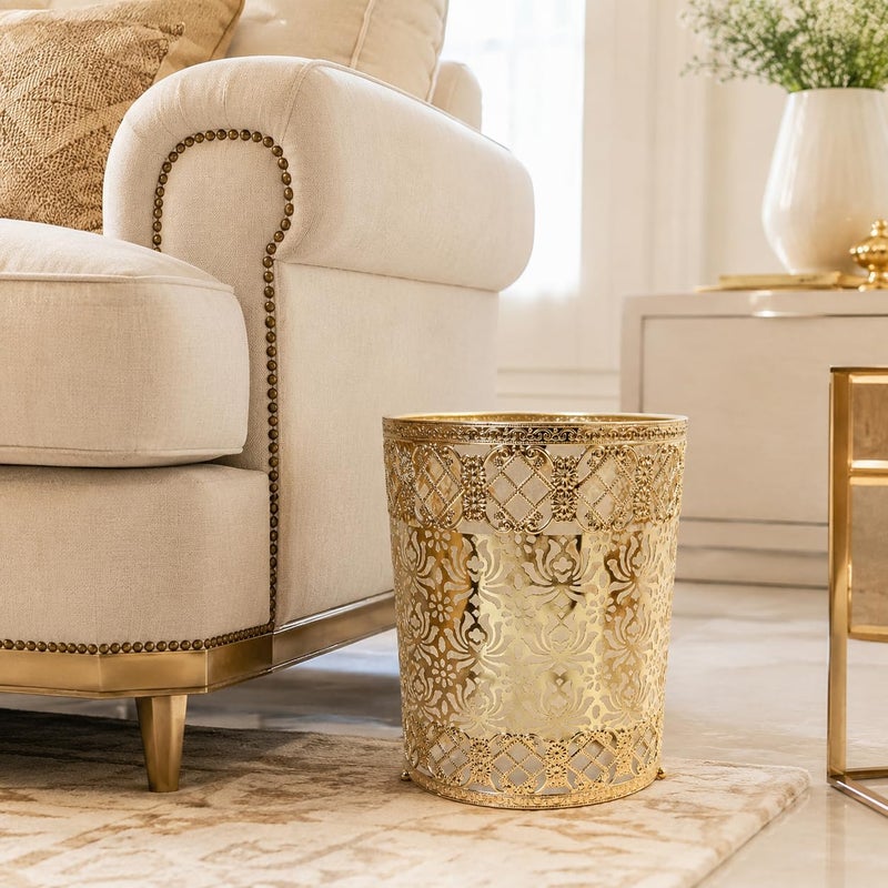 Gold Metal Wastebasket, Moroccan Style Open-Top Iron Trash Can with Floral Cutout Design for Bathroom, Bedroom, Living Room (C1096) - Image 5