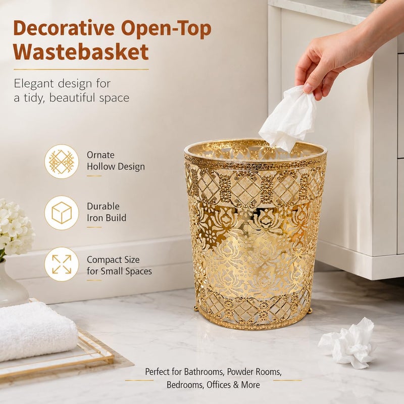 Gold Metal Wastebasket, Moroccan Style Open-Top Iron Trash Can with Floral Cutout Design for Bathroom, Bedroom, Living Room (C1096) - Image 2